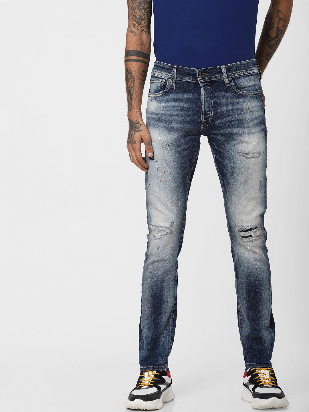 Blue Low Rise Heavily Washed Glenn Slim Fit Jeans
