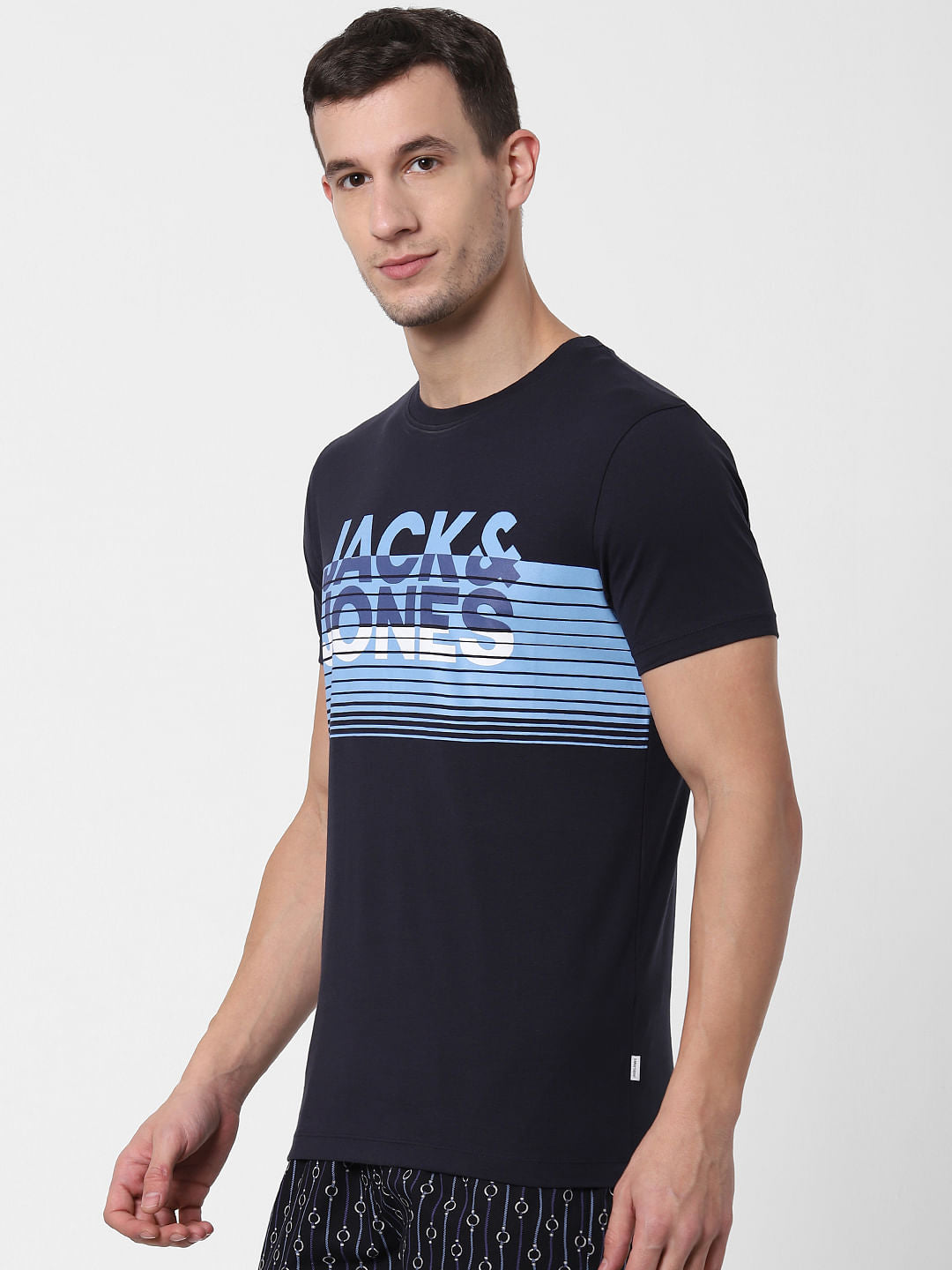 Navy Blue Logo Print Crew Neck T-shirt Online in India - Flat 10% Off