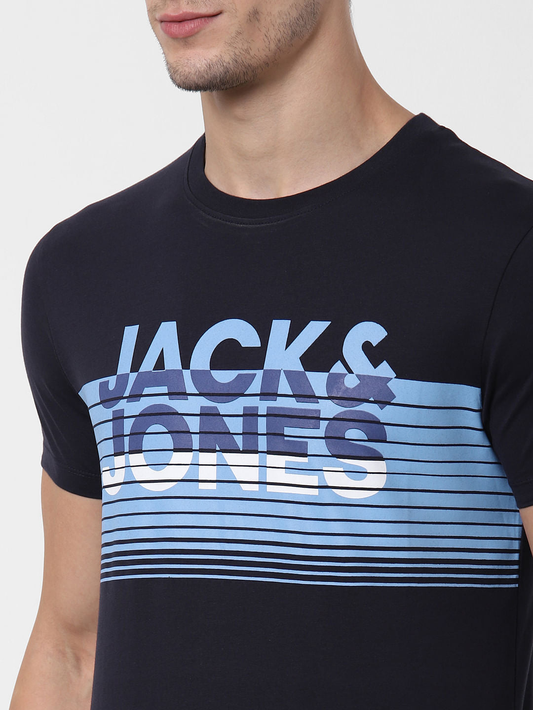 Navy Blue Logo Print Crew Neck T-shirt Online in India - Flat 10% Off