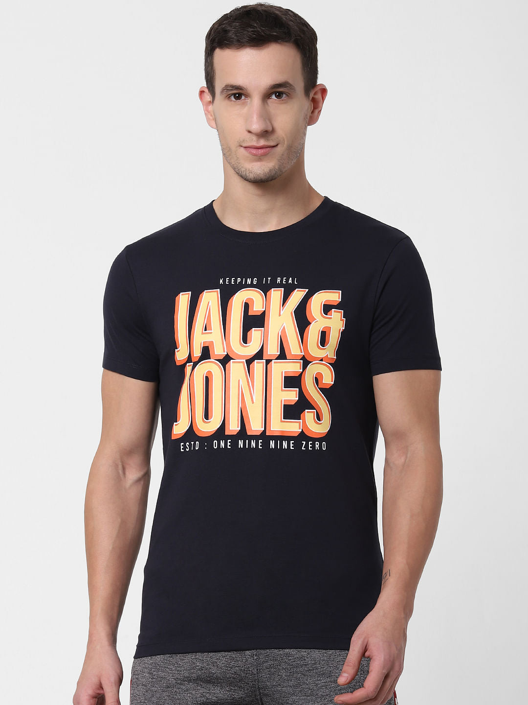 Navy Blue Logo Crew Neck T-shirt Online in India - Flat 10% Off