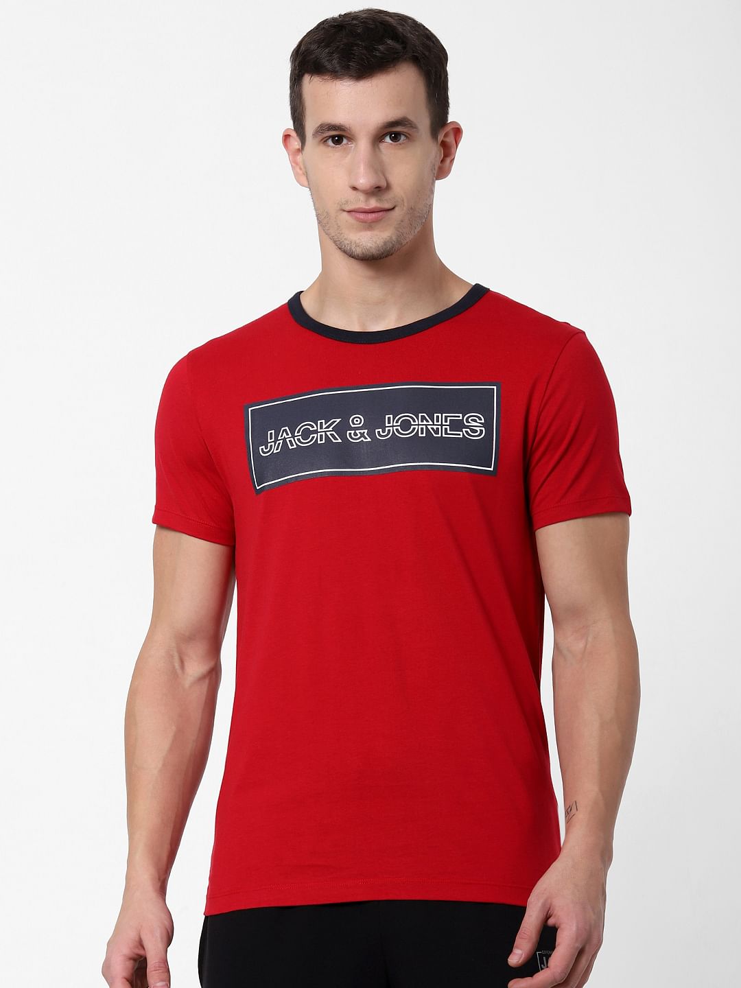 Red Logo Print Crew Neck T-shirts Online in India - Flat 10% Off