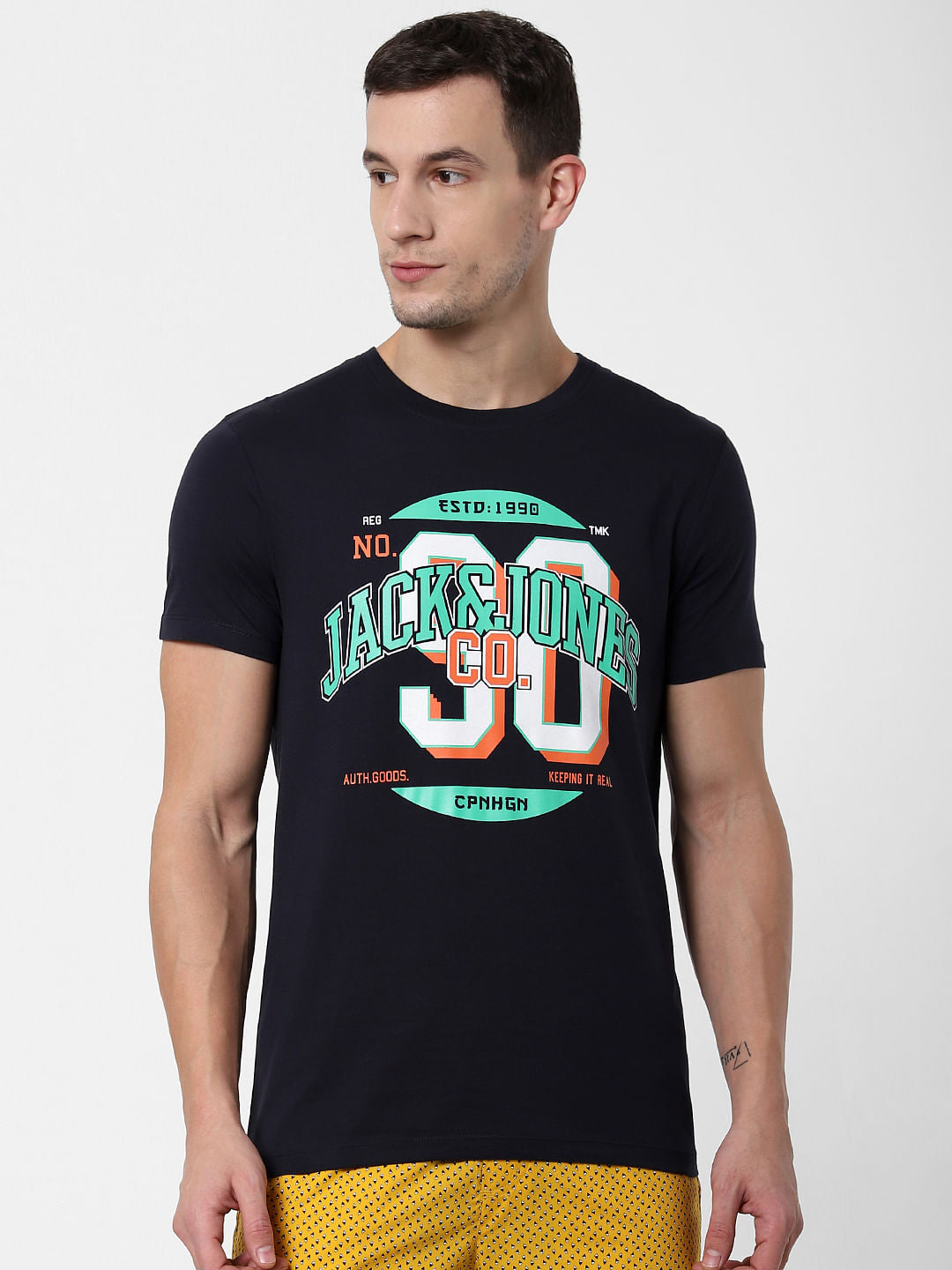 Navy Blue Logo Print Crew Neck T-shirts Online in India - Flat 10% Off