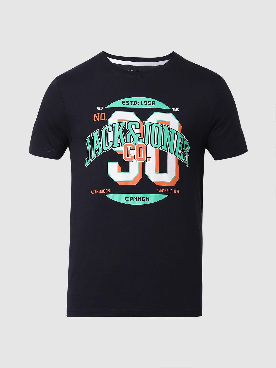 Navy Blue Logo Print Crew Neck T-shirts Online in India - Flat 10% Off