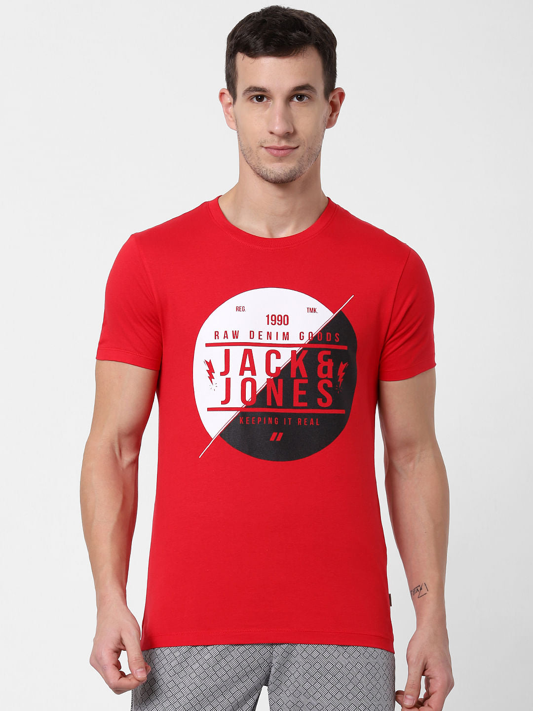 Red Logo Print Crew Neck T-shirts Online in India - Flat 10% Off