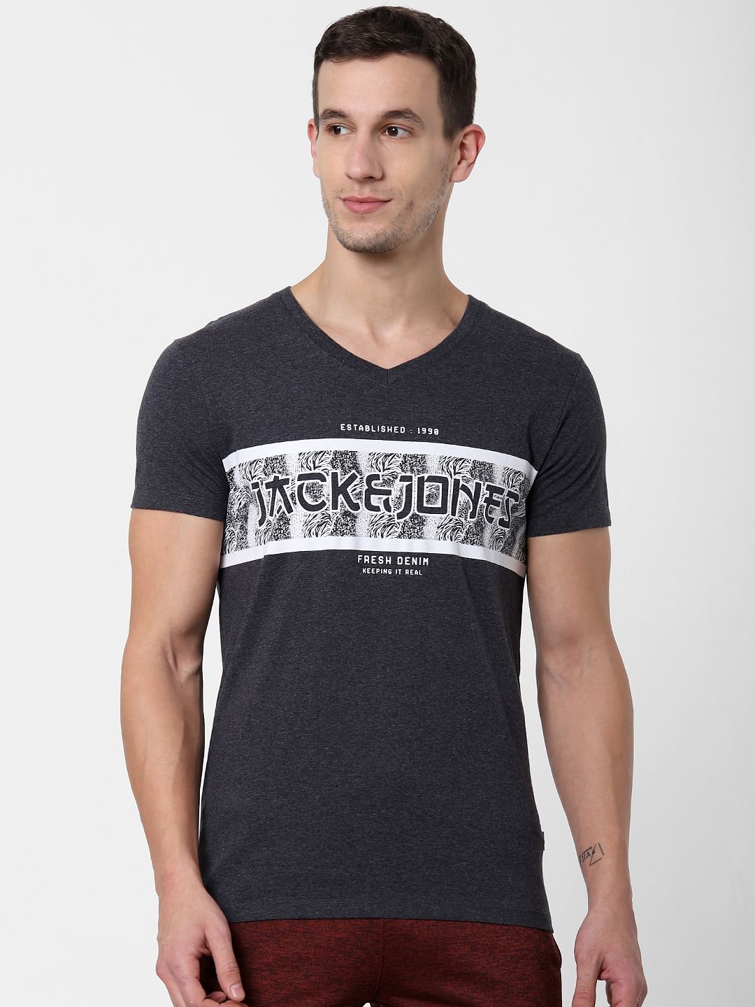 Grey Logo Print V Neck T-shirt Online in India - Flat 10% Off