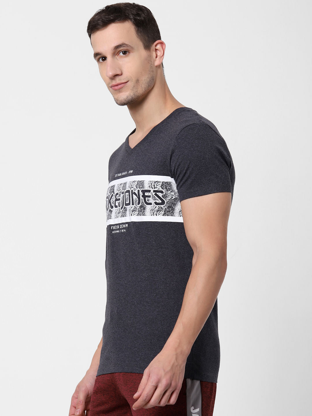 Grey Logo Print V Neck T-shirt Online in India - Flat 10% Off