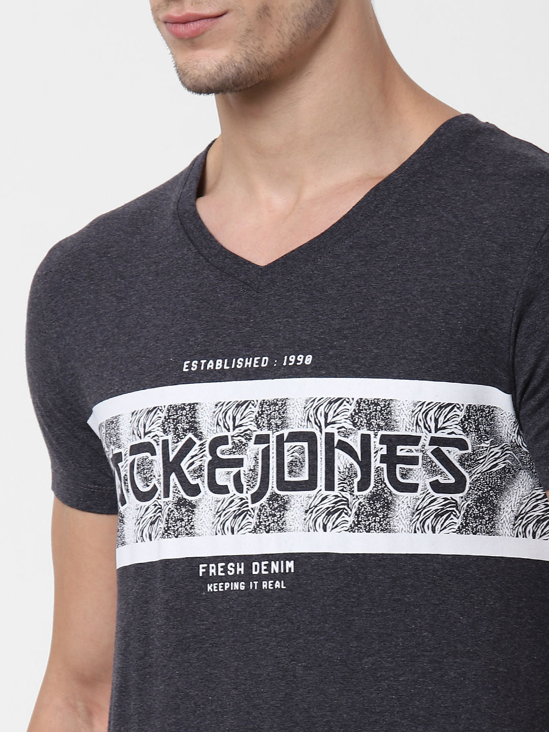 Grey Logo Print V Neck T-shirt Online in India - Flat 10% Off
