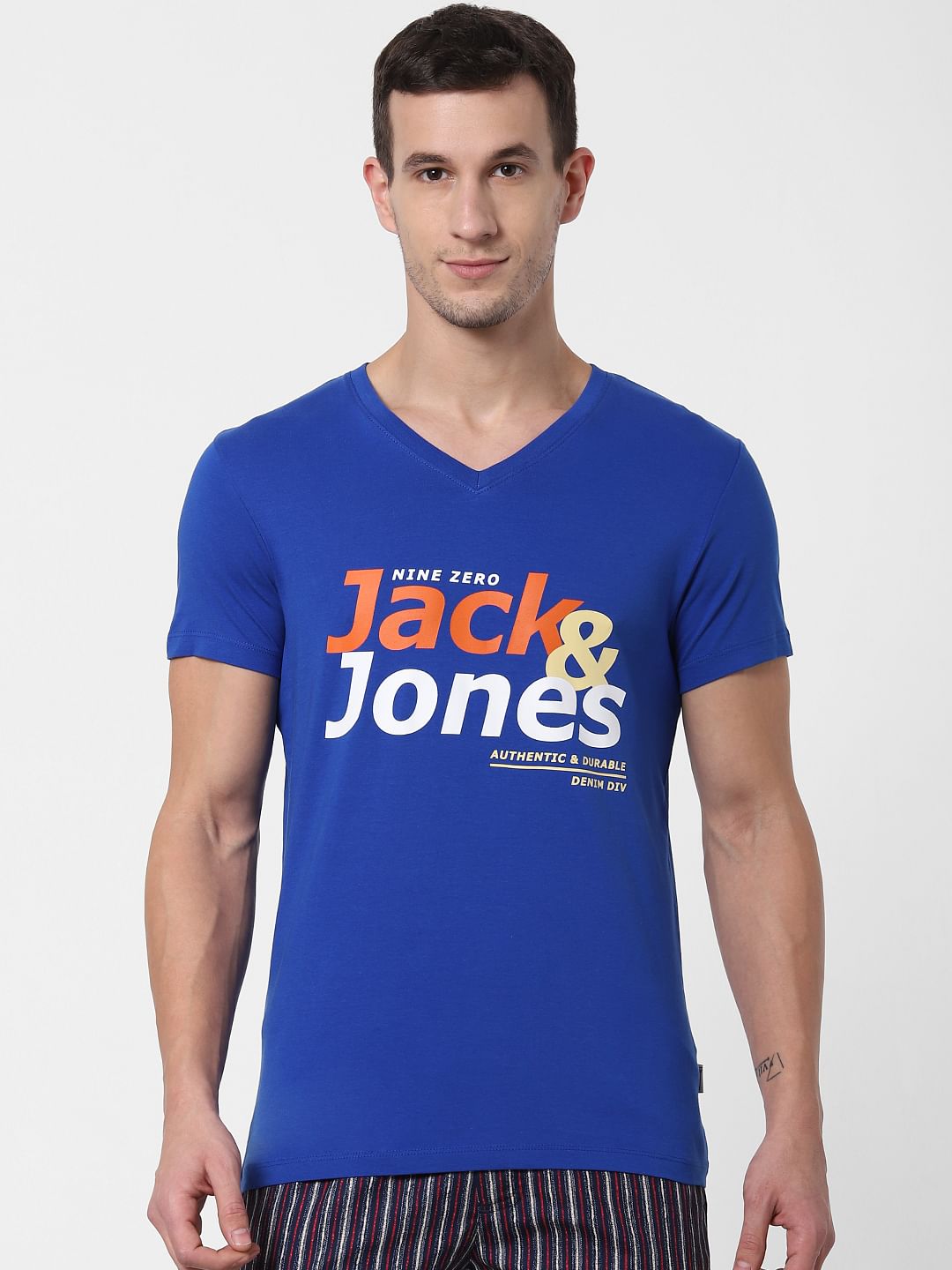 Blue Logo Print V Neck T-shirt Online in India - Flat 10% Off