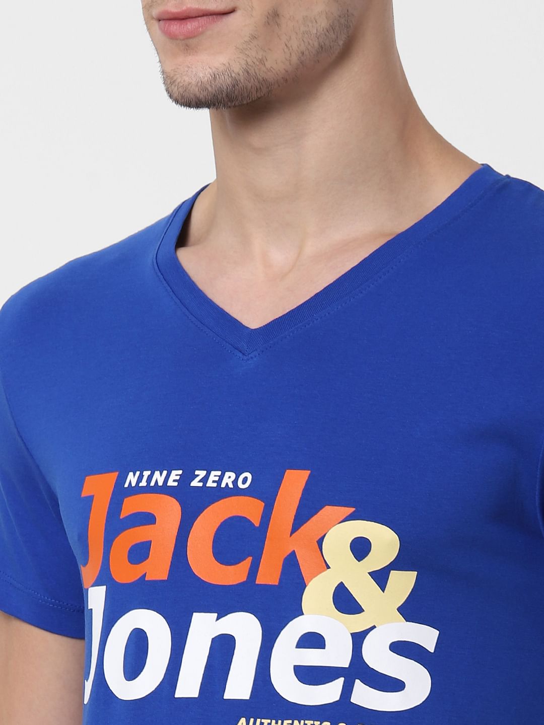 Blue Logo Print V Neck T-shirt Online in India - Flat 10% Off