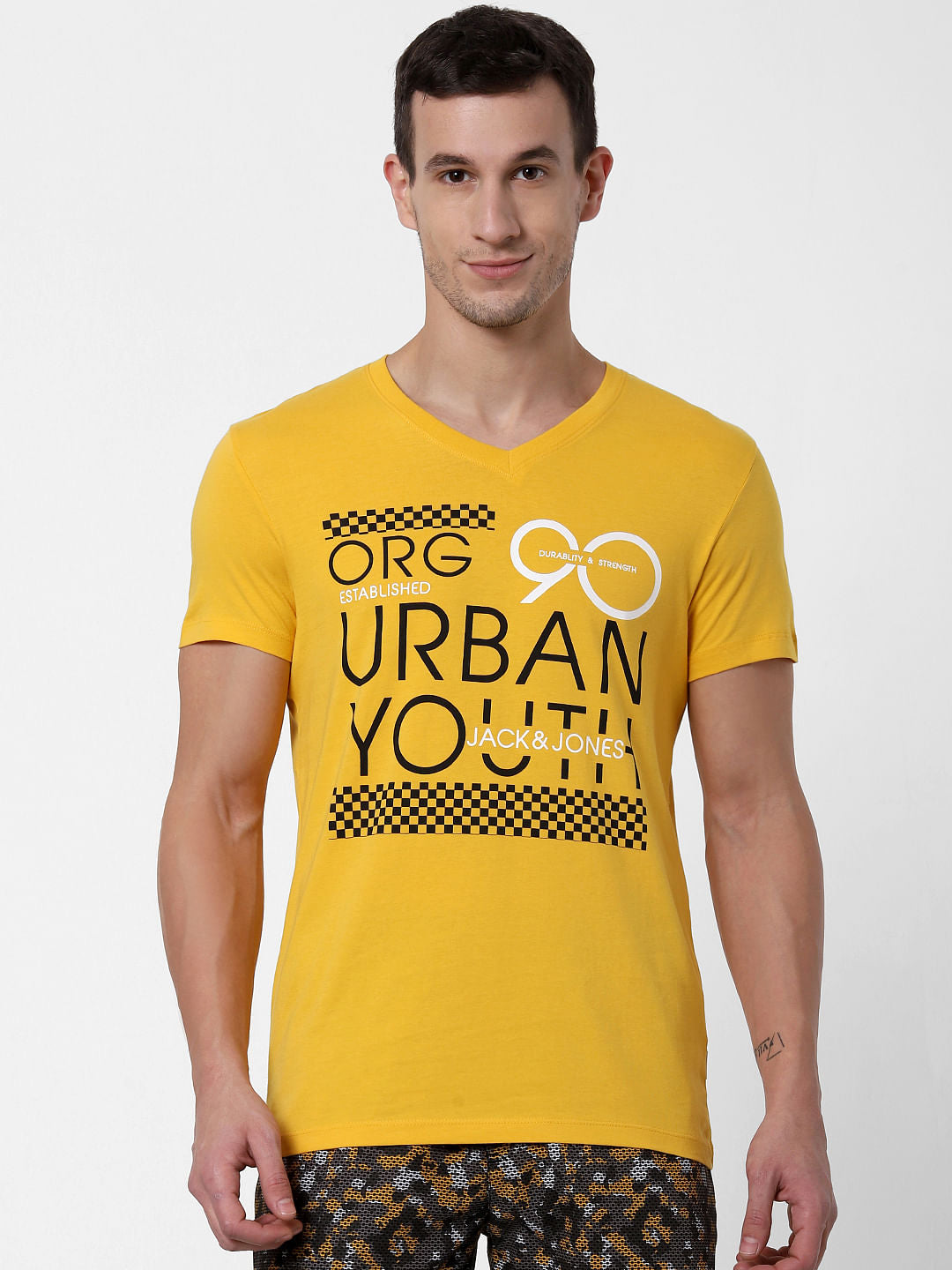 Yellow Text Print V Neck T-shirt Online in India - Flat 10% Off