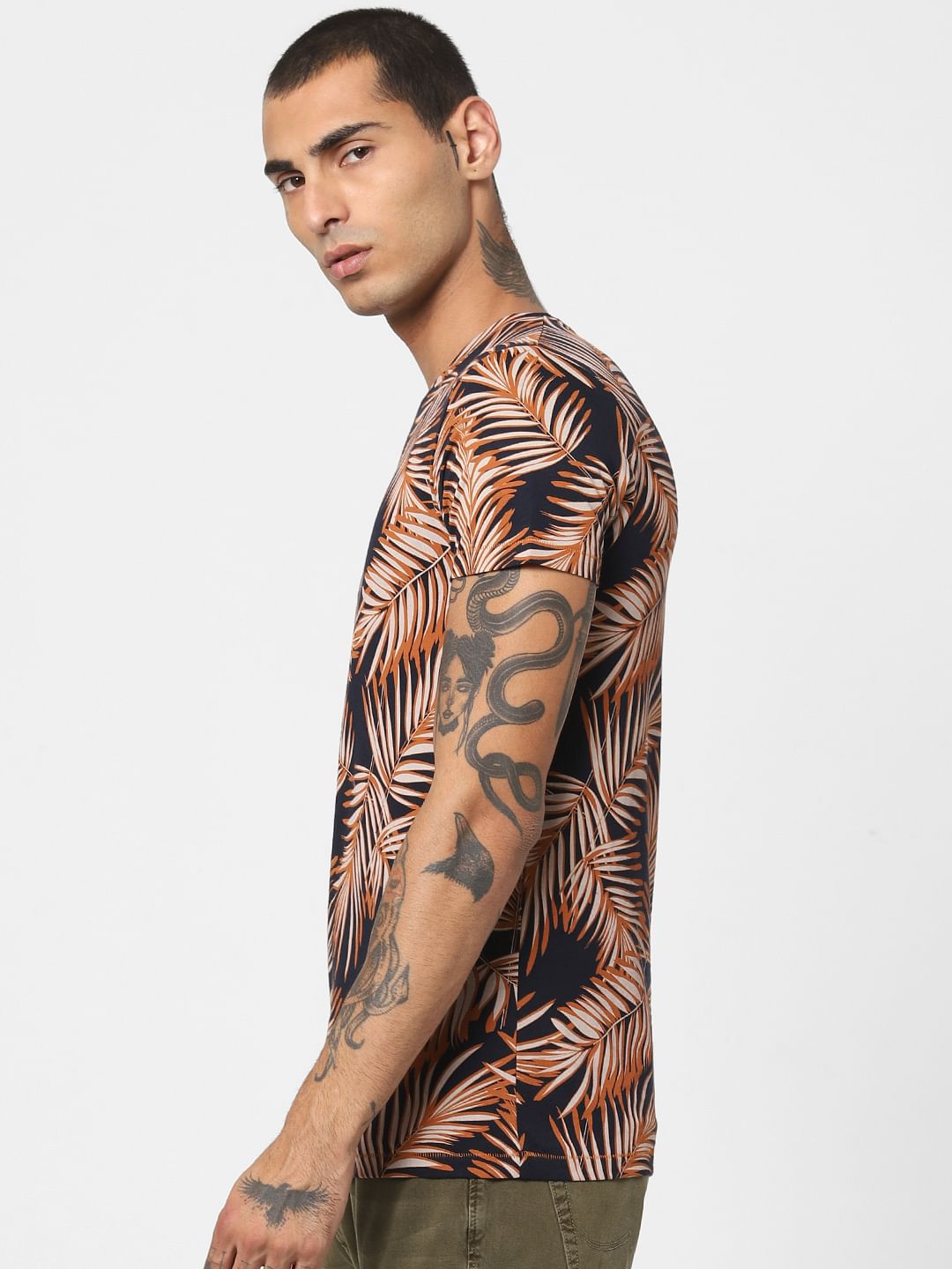 Brown Tropical Print Crew Neck T-shirt
