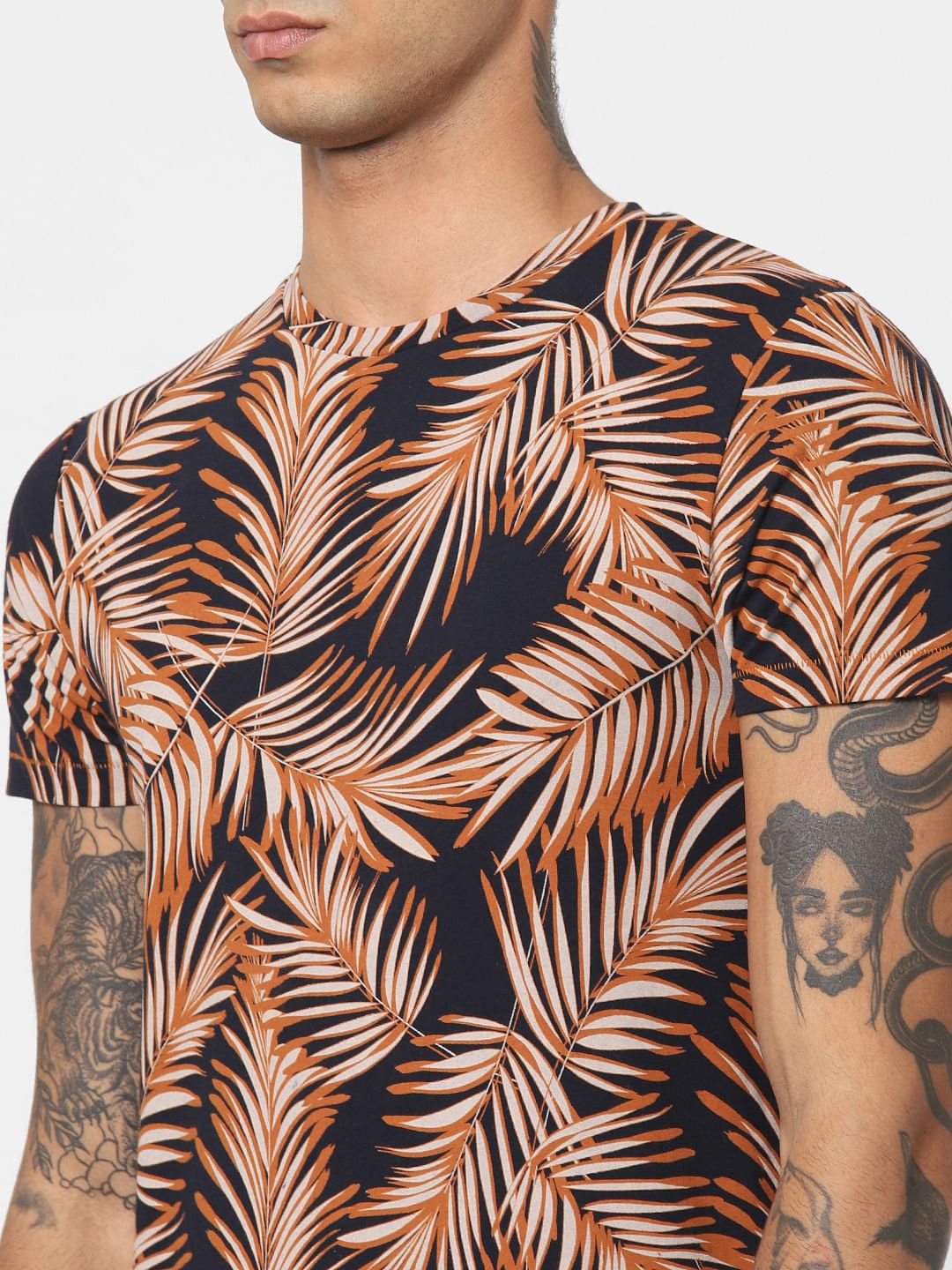 Brown Tropical Print Crew Neck T-shirt
