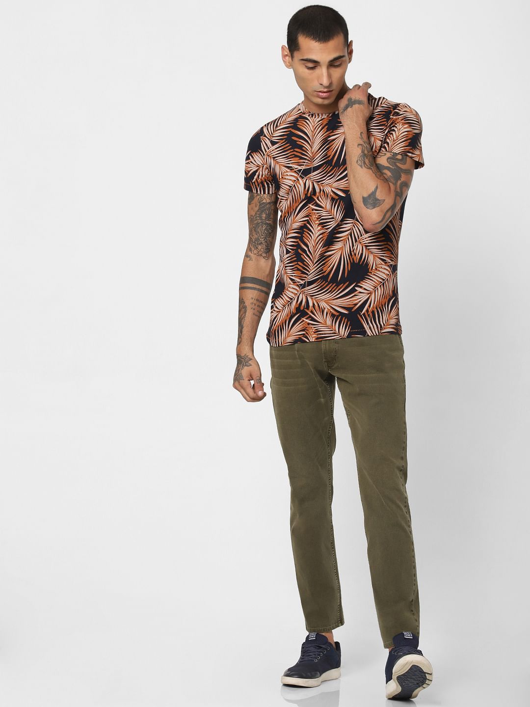 Brown Tropical Print Crew Neck T-shirt