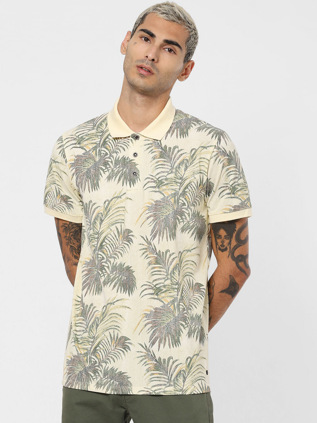 Light Yellow Tropical Print Polo T-shirt