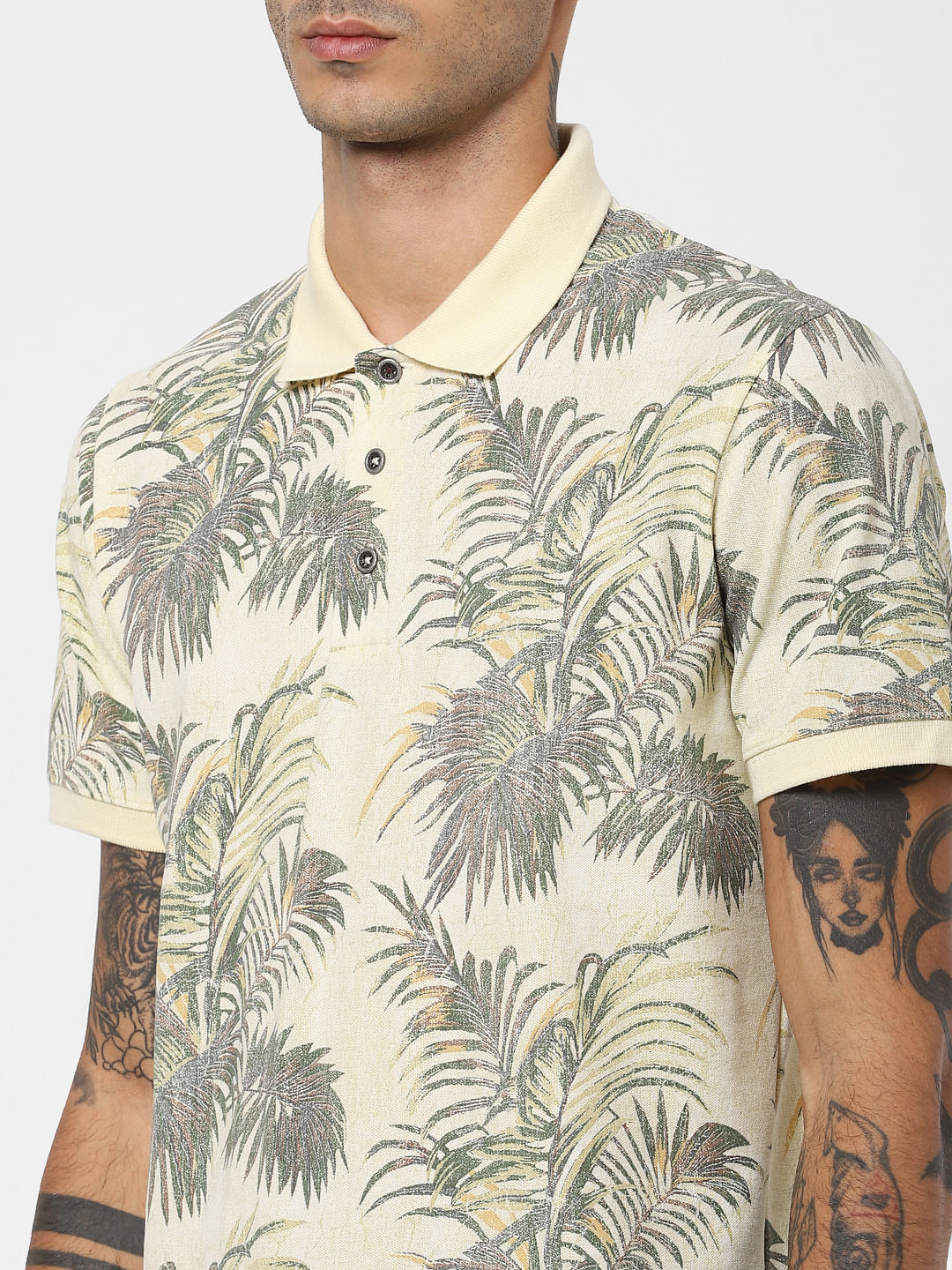 Light Yellow Tropical Print Polo T-shirt