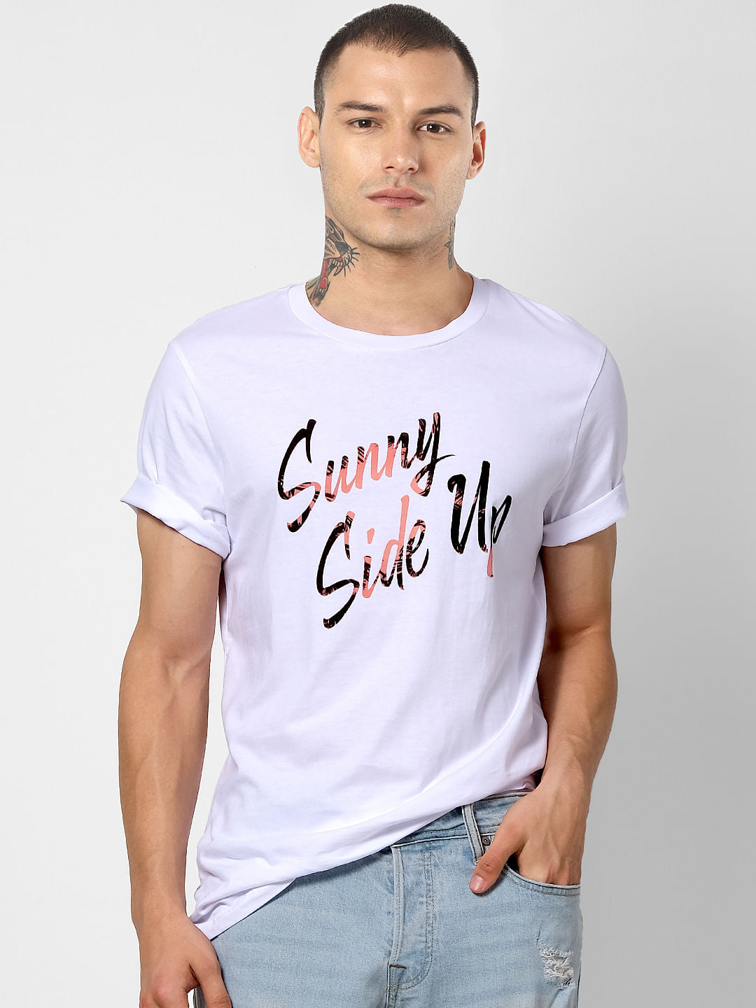 White Text Print Crew Neck T-shirt