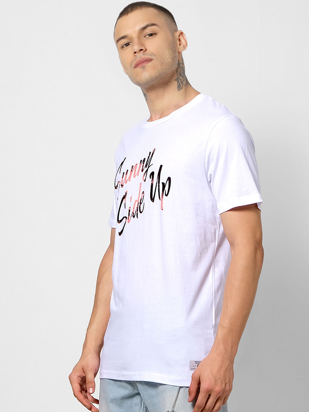 White Text Print Crew Neck T-shirt