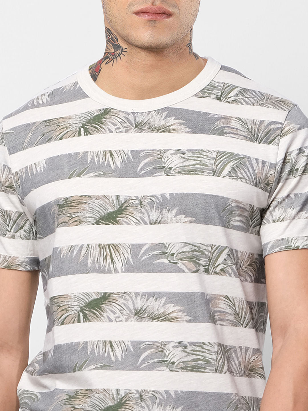 Grey Tropical Print Crew Neck T-shirt