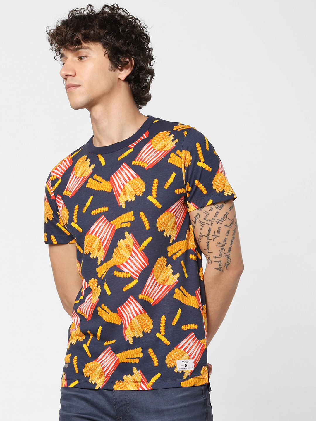 Navy Blue All Over Print Crew Neck T-shirt