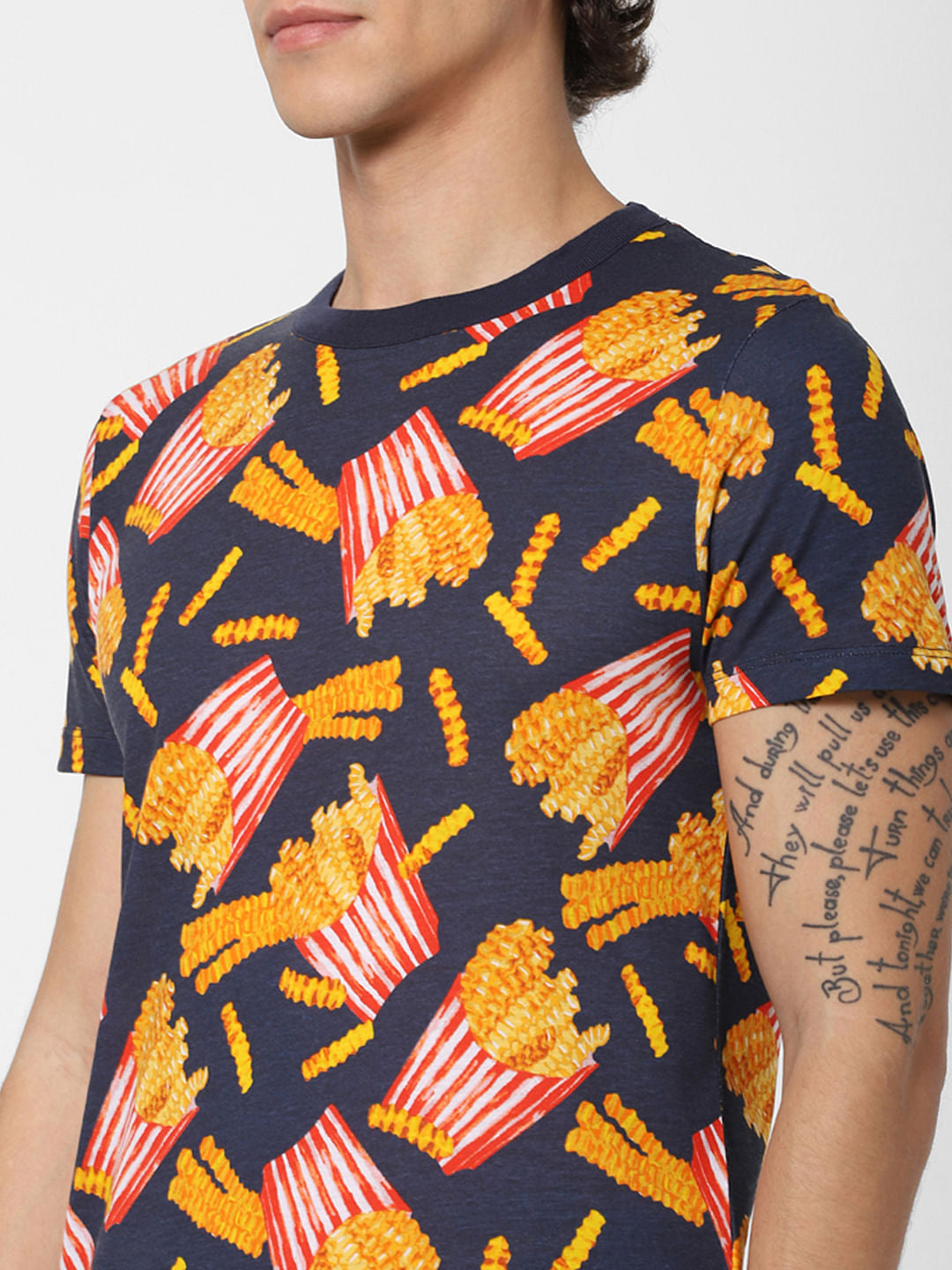 Navy Blue All Over Print Crew Neck T-shirt