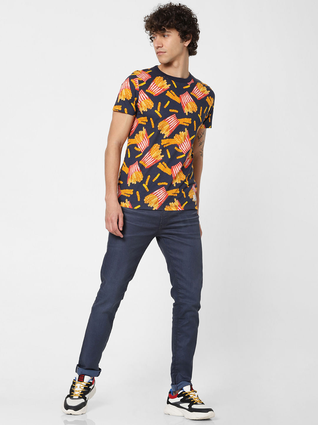 Navy Blue All Over Print Crew Neck T-shirt