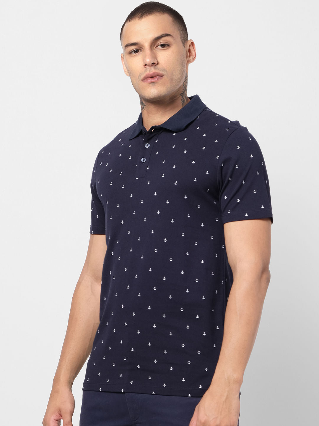 Navy Blue All Over Print Polo T-shirt