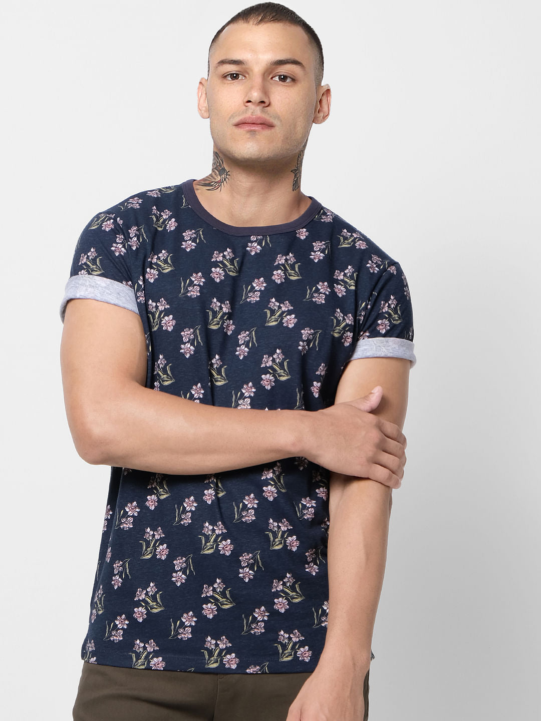 Blue Floral Print Crew Neck T-shirt
