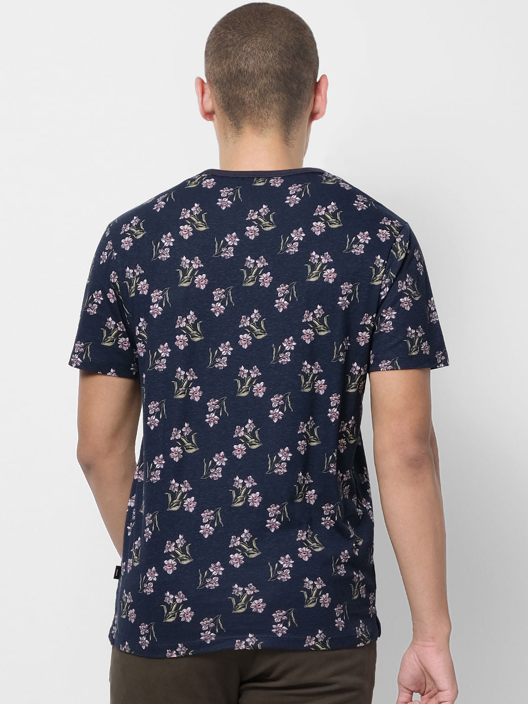 Blue Floral Print Crew Neck T-shirt