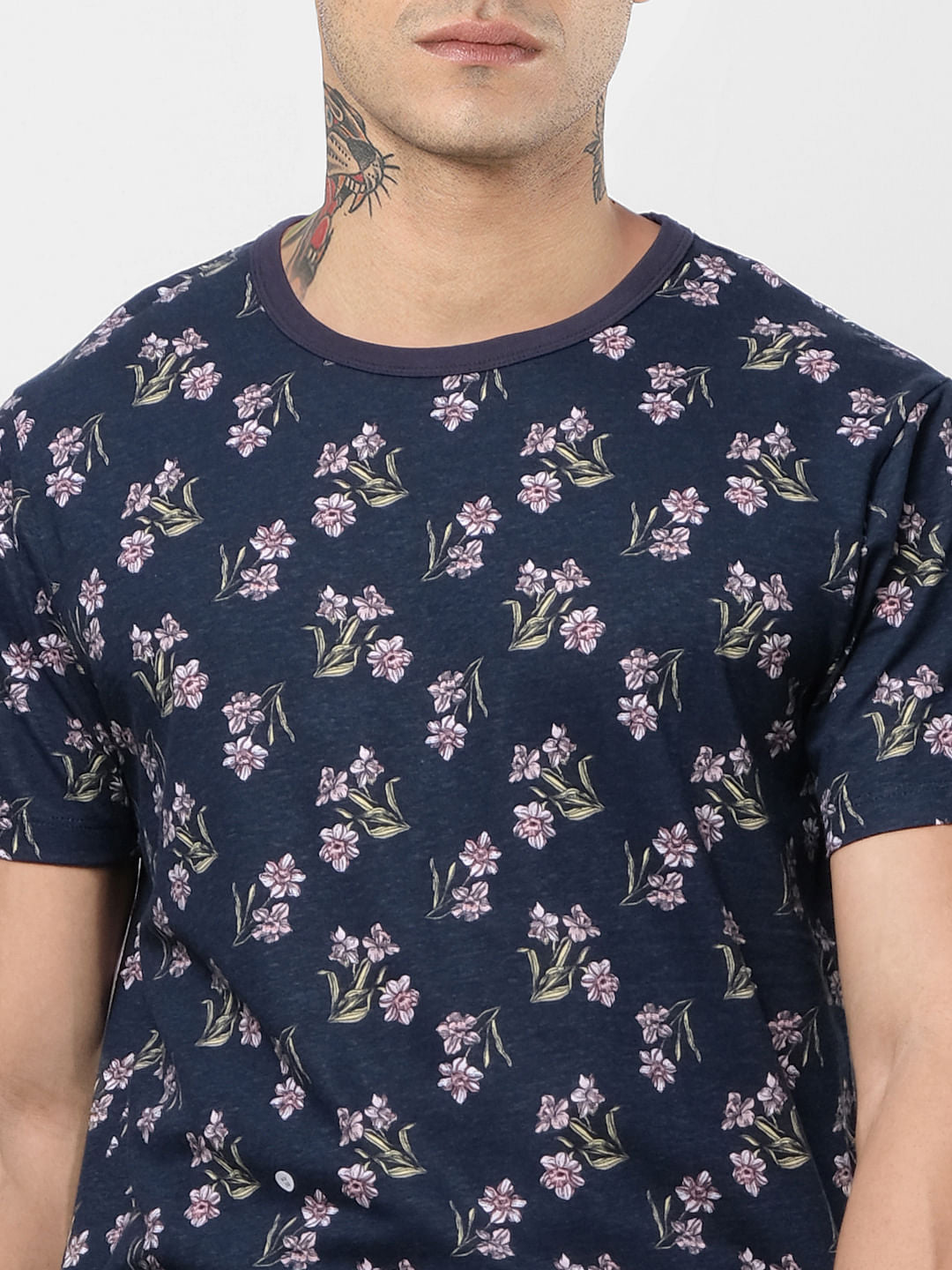 Blue Floral Print Crew Neck T-shirt