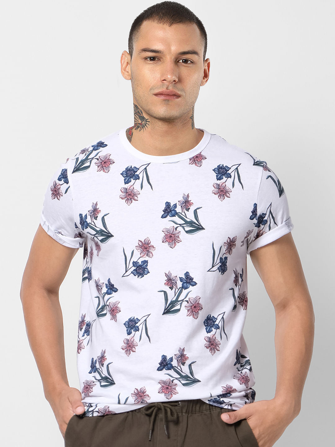White Floral Print Crew Neck T-shirt