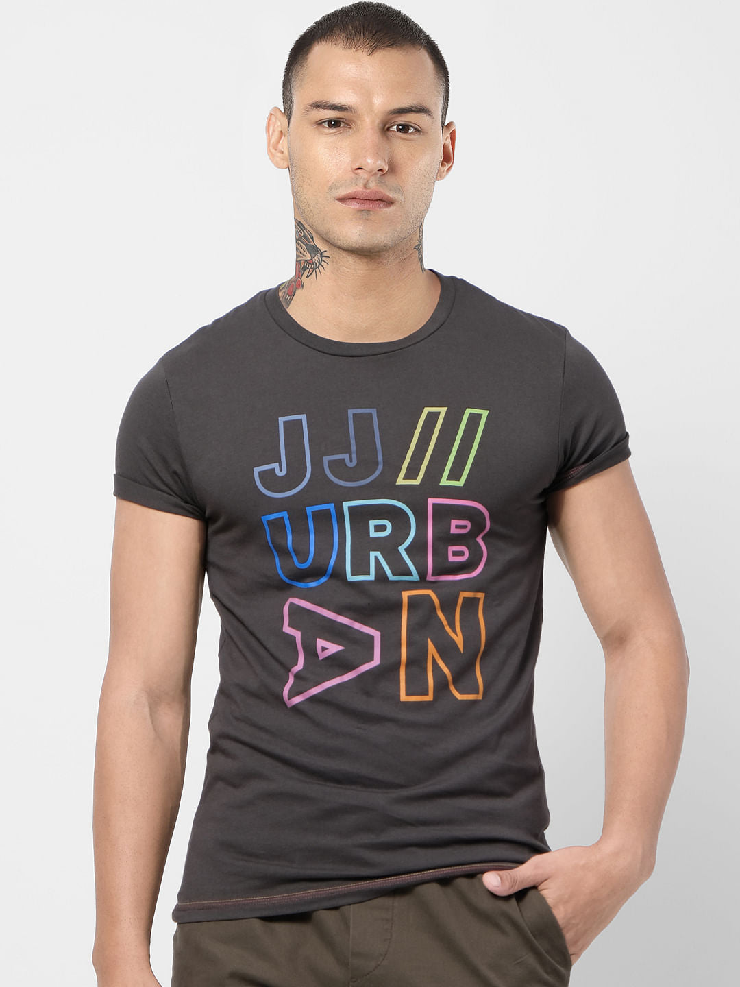 Black Text Print Crew Neck T-shirt
