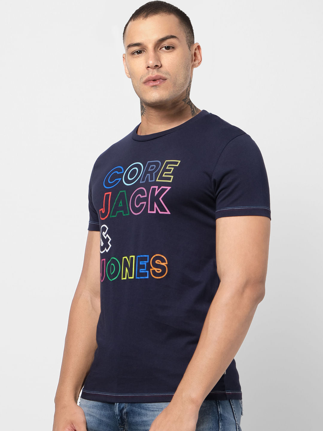 Navy Blue Logo Print Crew Neck T-shirt