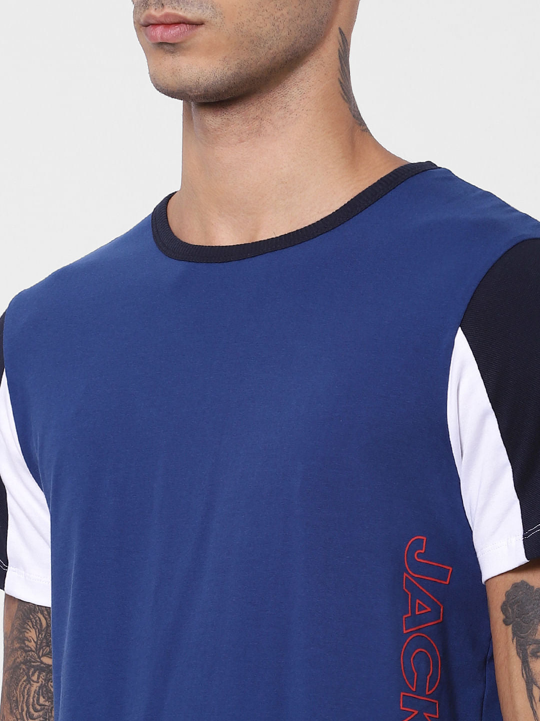 Navy Blue Colourblocked Crew Neck T-shirt