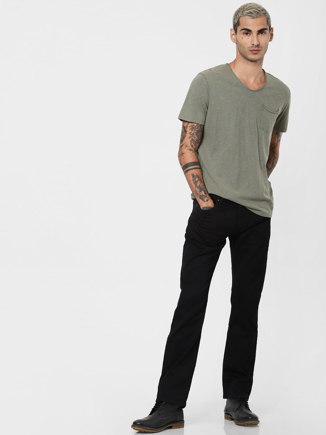 Green Patch Pocket V Neck T-shirt
