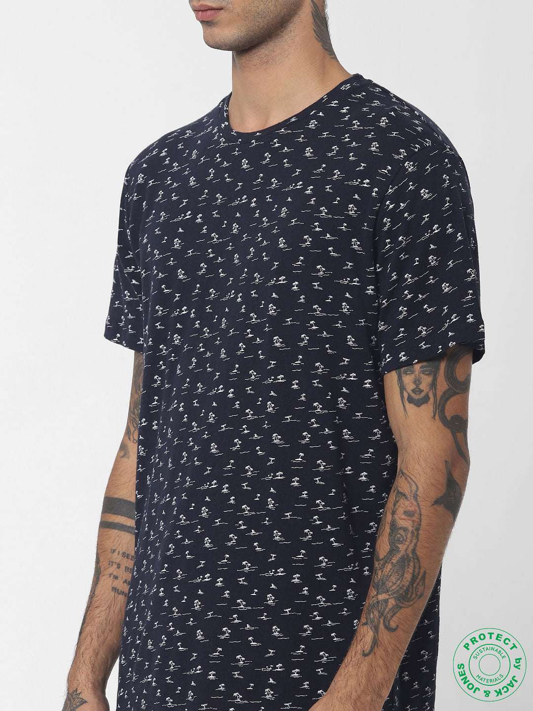 Navy Blue Printed Crew Neck T-shirt