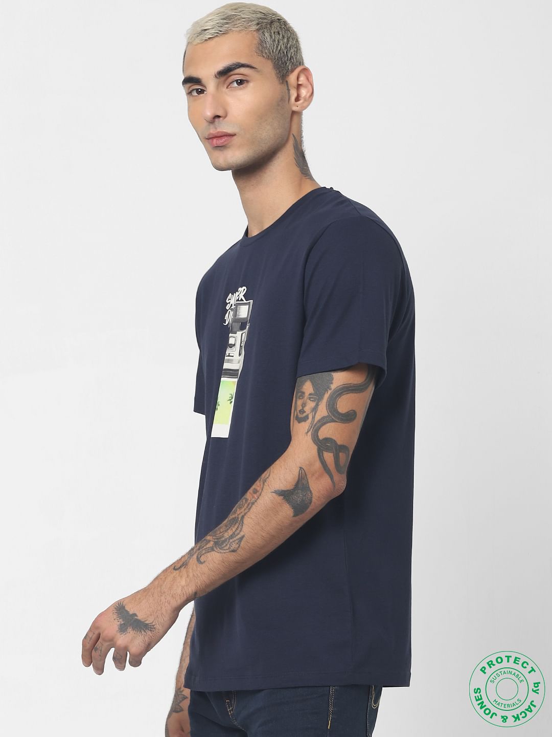 Navy Blue Graphic Print Crew Neck T-shirt