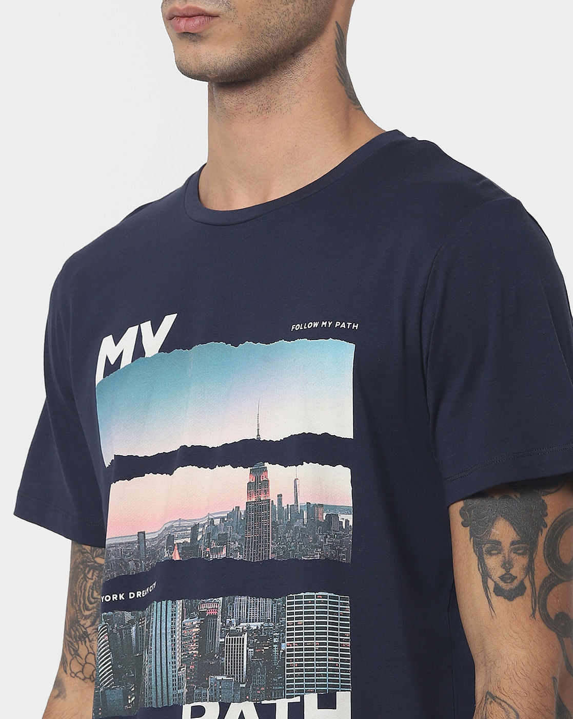 Navy Blue Graphic Print Crew Neck T-shirt