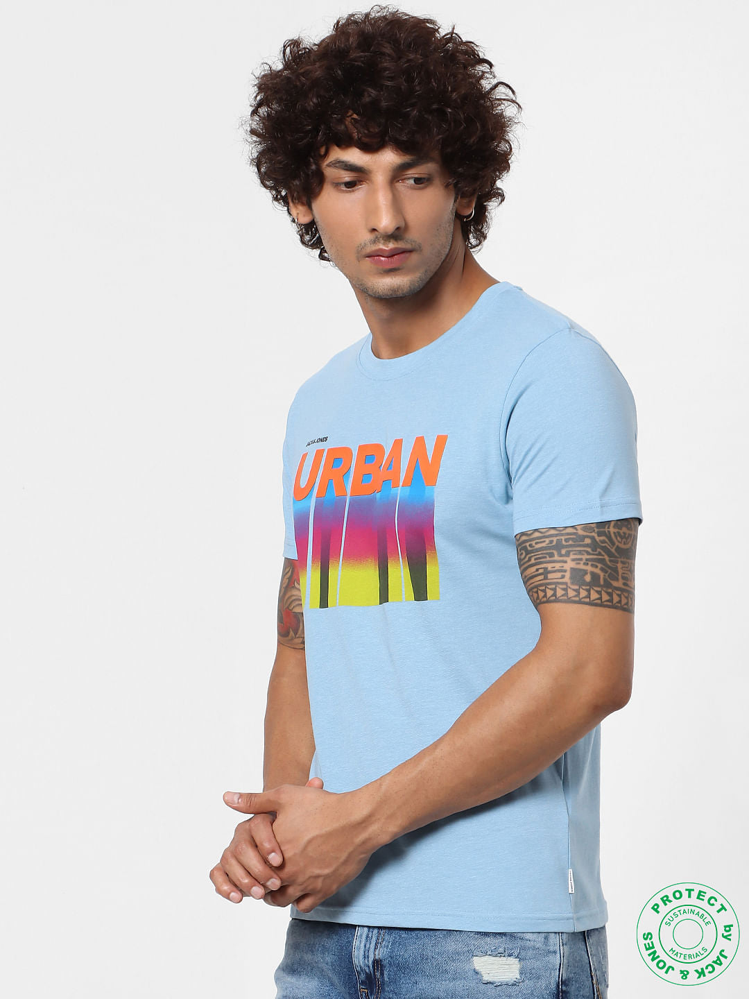 Dusk Blue Text Print Crew Neck T-shirt