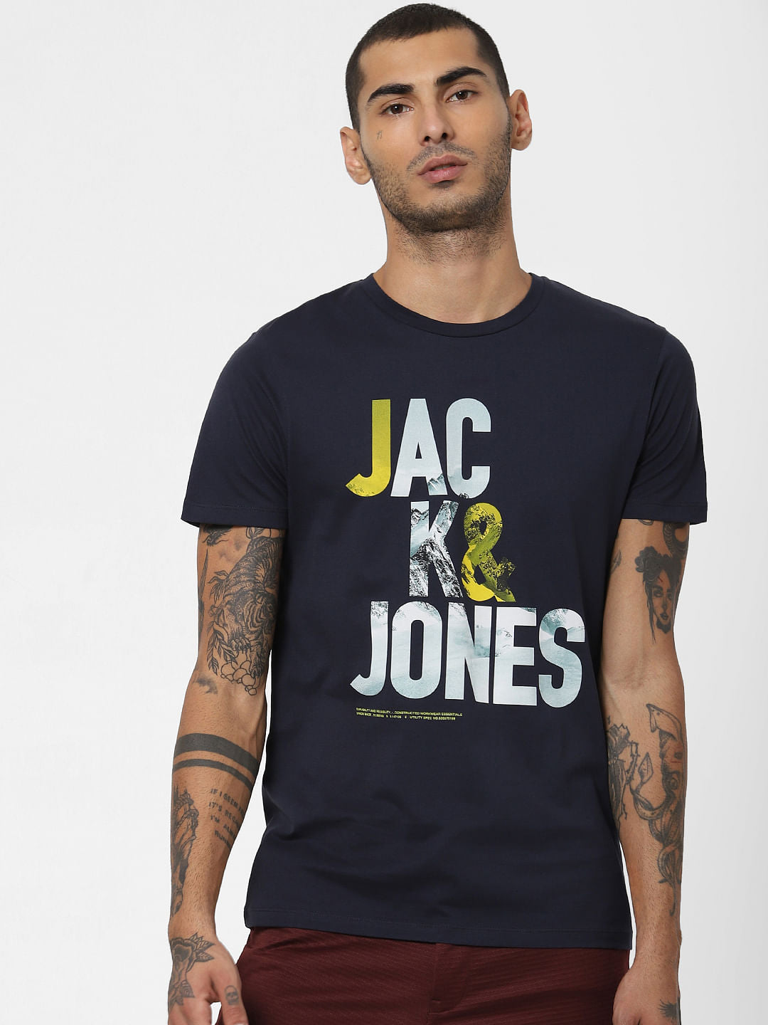 Navy Blue Text Print Crew Neck T-shirt