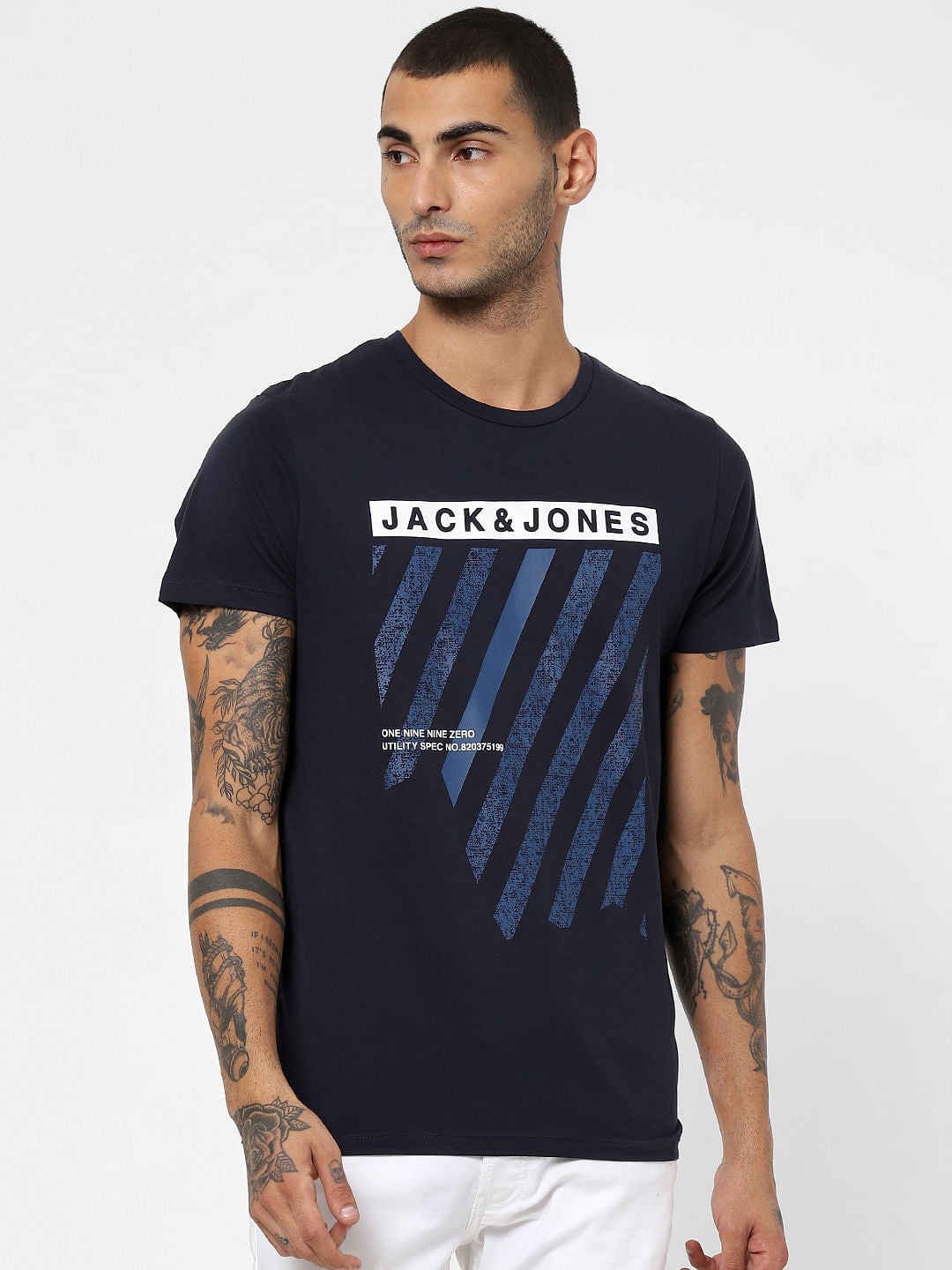 Navy Blue Logo Print Crew Neck T-shirt