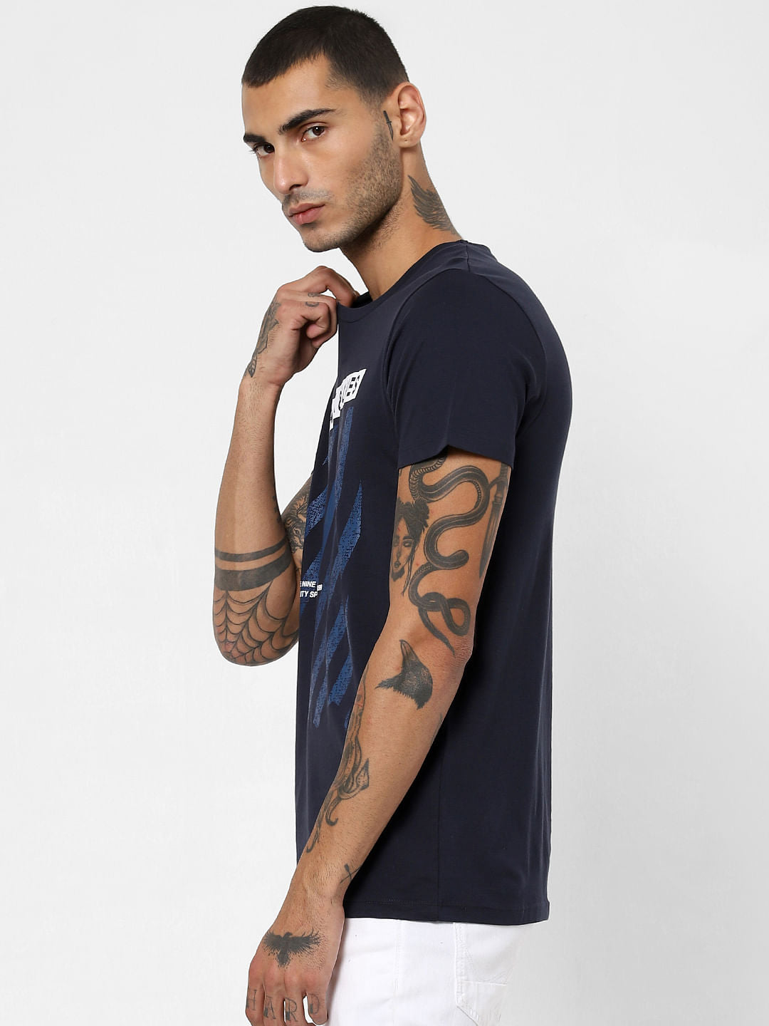 Navy Blue Logo Print Crew Neck T-shirt