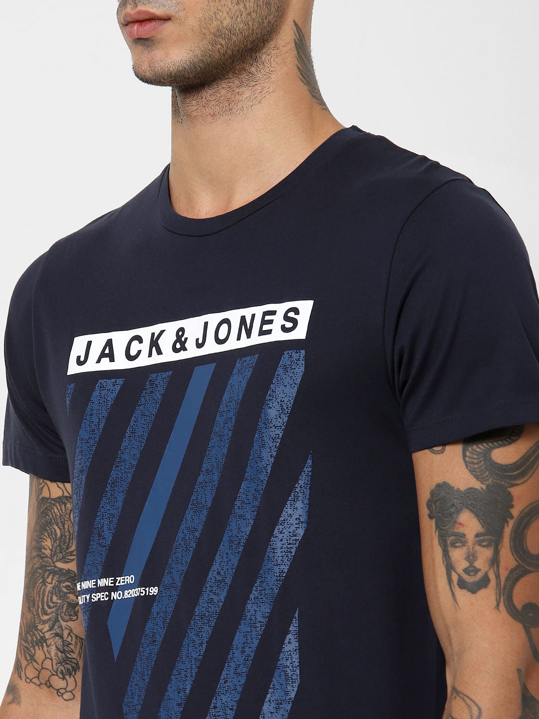 Navy Blue Logo Print Crew Neck T-shirt