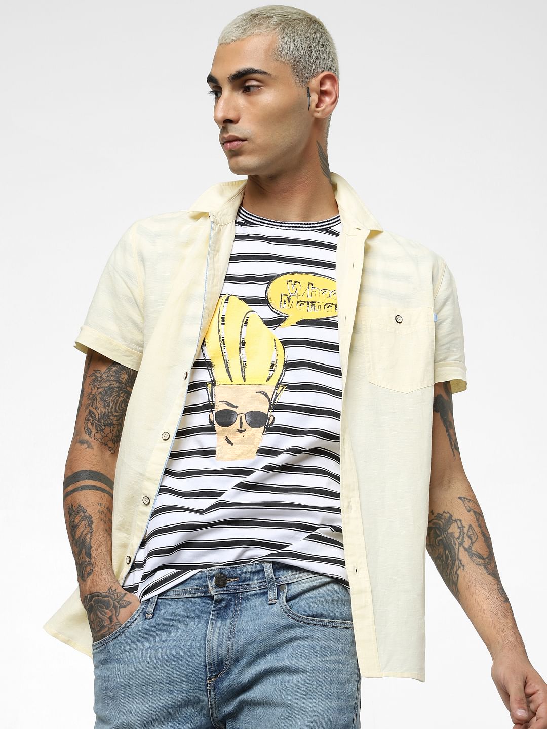 X Johnny Bravo White Striped Crew Neck T-shirt