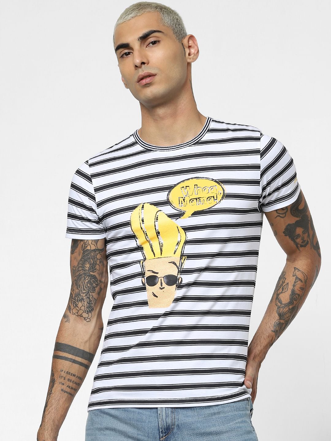 X Johnny Bravo White Striped Crew Neck T-shirt