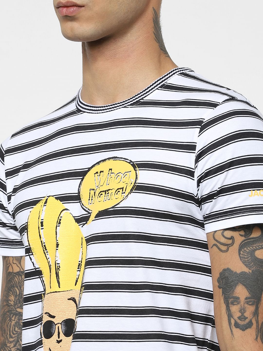 X Johnny Bravo White Striped Crew Neck T-shirt