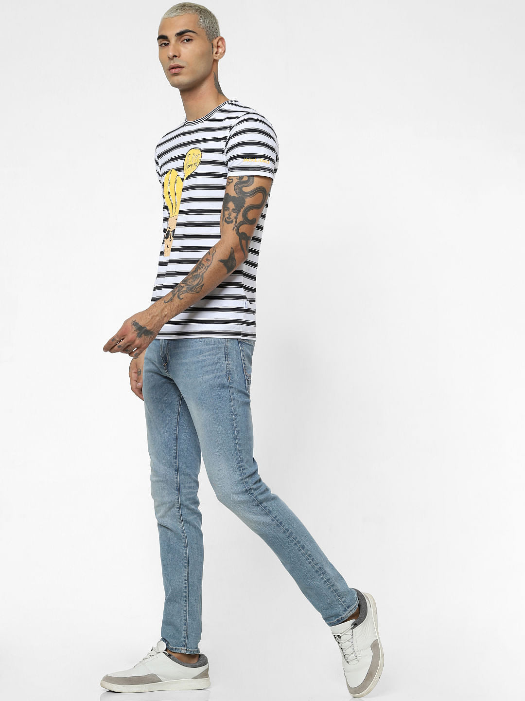 X Johnny Bravo White Striped Crew Neck T-shirt