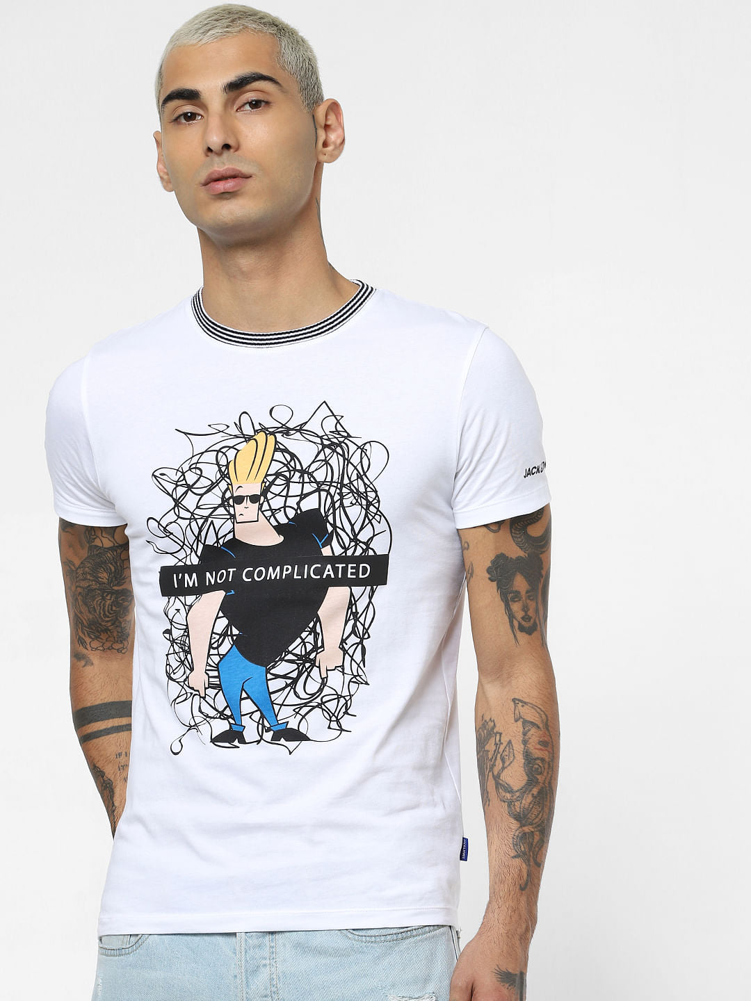 X Johnny Bravo White Graphic Print Crew Neck T-shirt