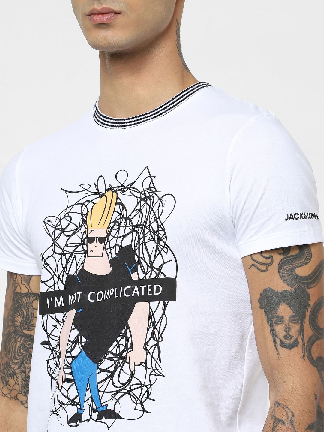 X Johnny Bravo White Graphic Print Crew Neck T-shirt