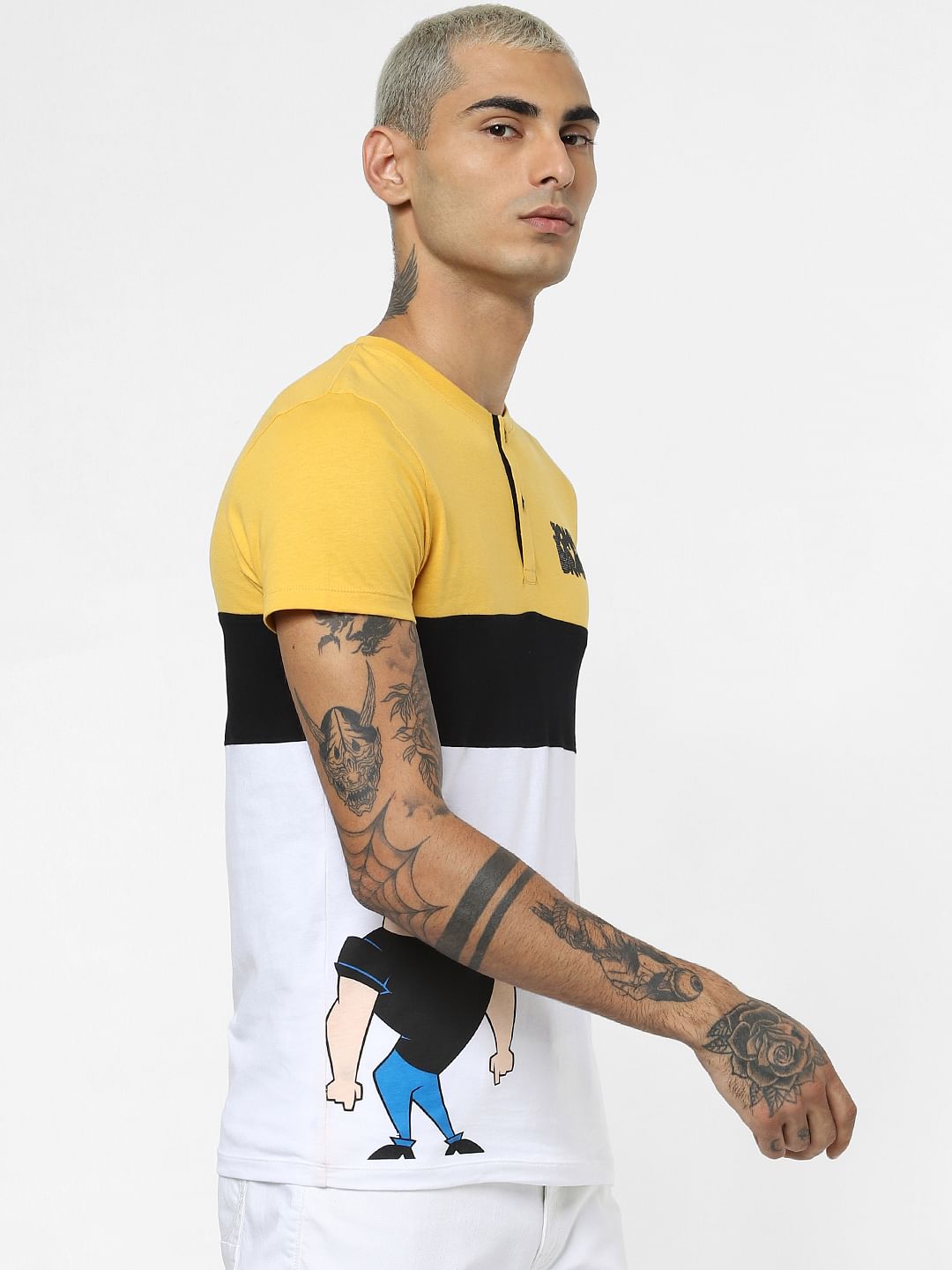 X Johnny Bravo Yellow Colourblocked Henley T-shirt