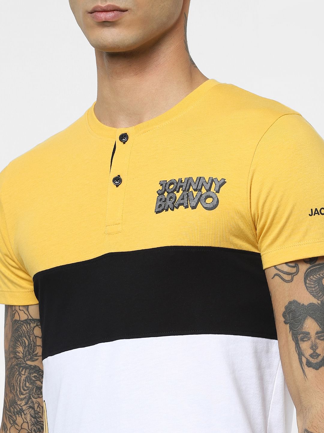 X Johnny Bravo Yellow Colourblocked Henley T-shirt